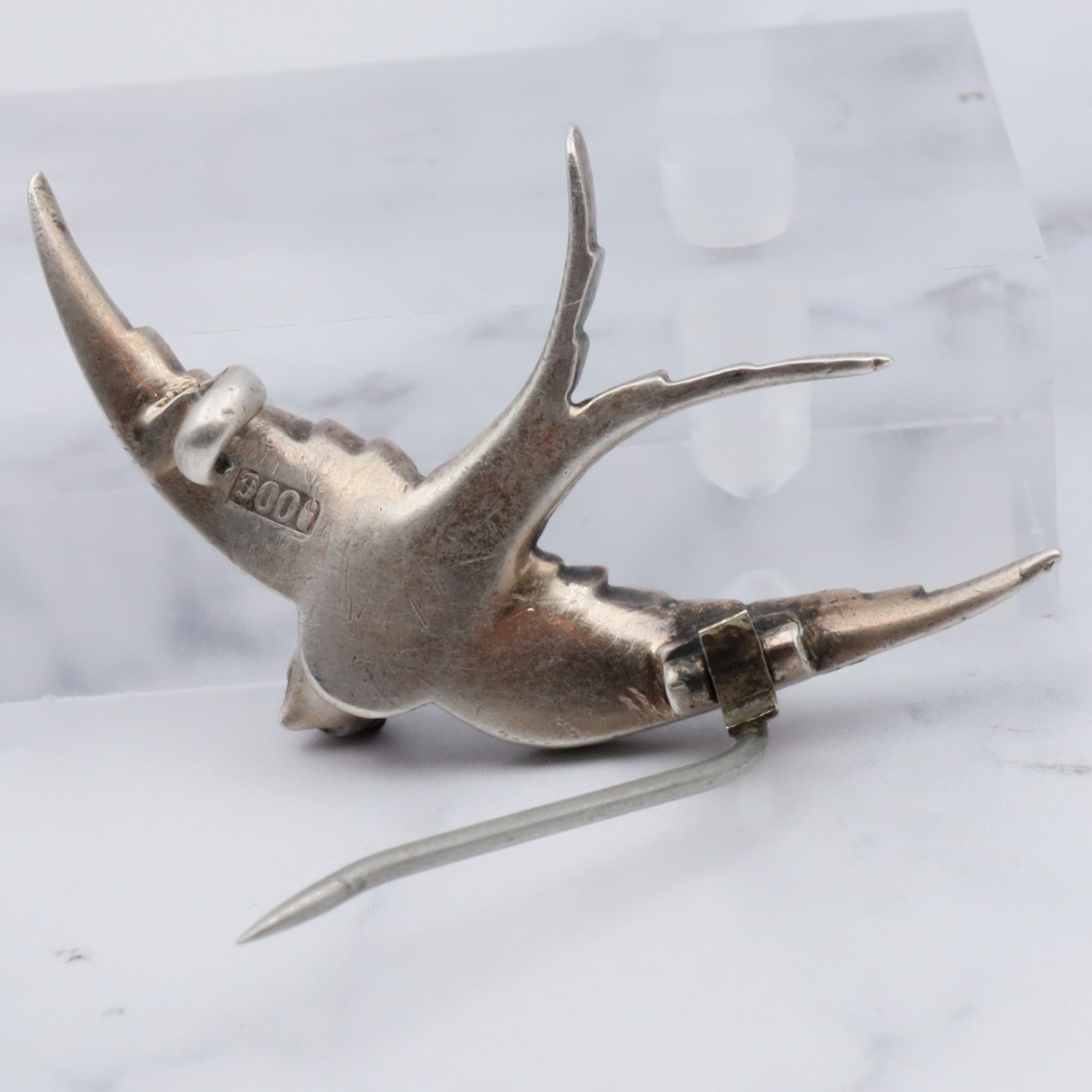 Antique Victorian .900 European handmade silver & paste gems swallow bird pin with ruby glass eyes